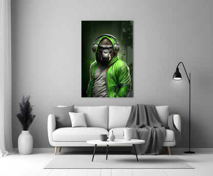 Gorilla in Lime Green Hoodie Headphones Glass Wall Art