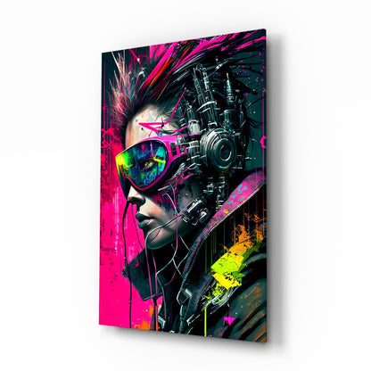 Cyber Woman in Neon Pink Visor Glass Wall Art