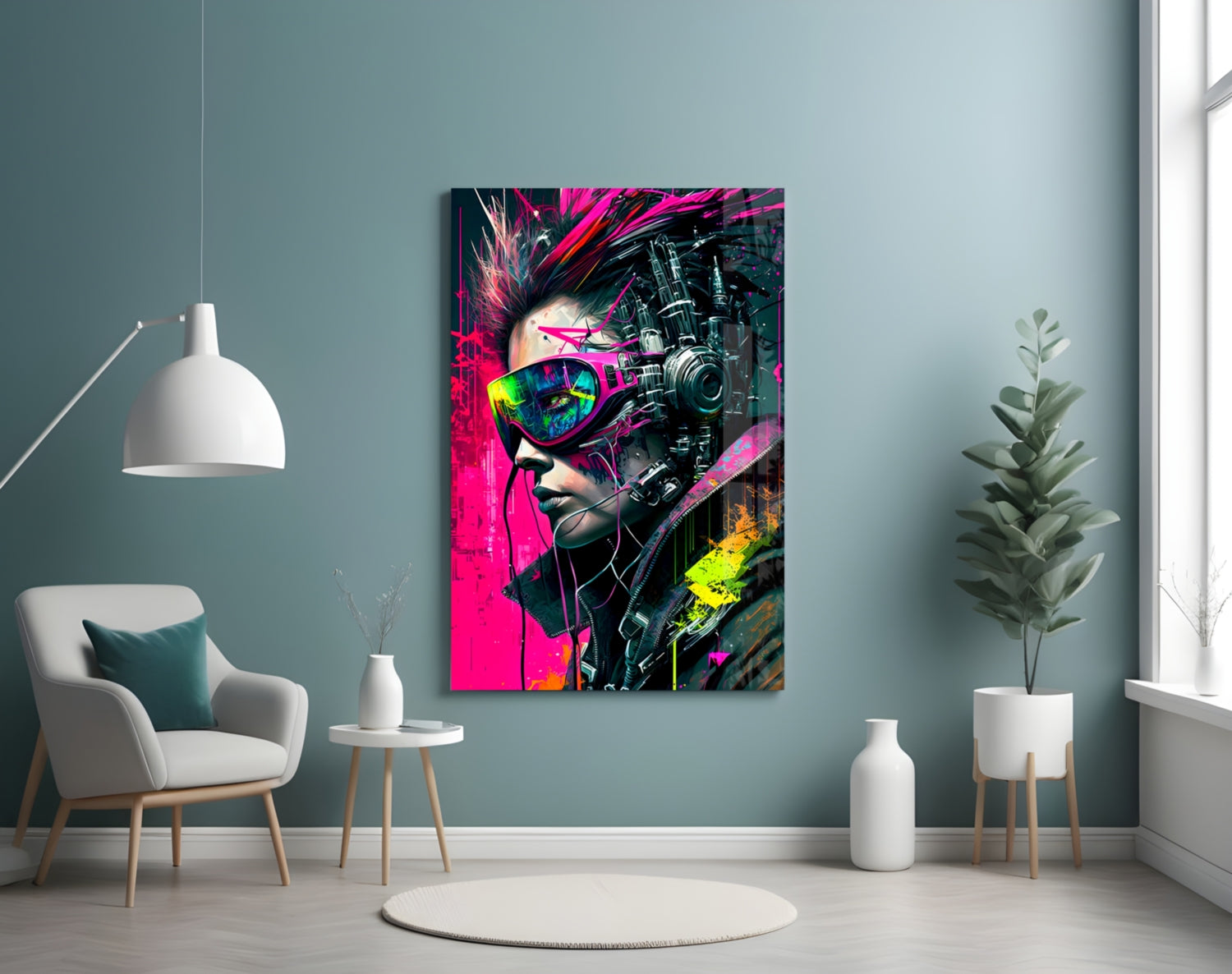 Cyber Woman in Neon Pink Visor Glass Wall Art