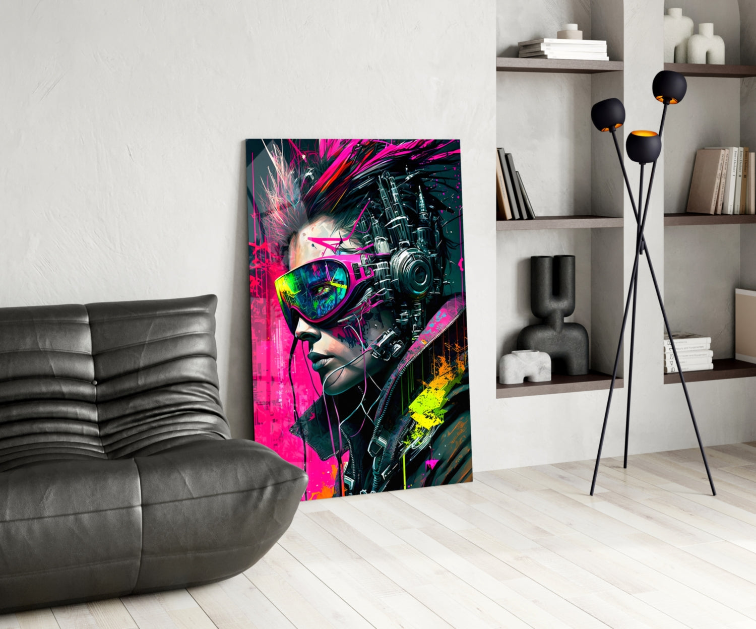 Cyber Woman in Neon Pink Visor Glass Wall Art
