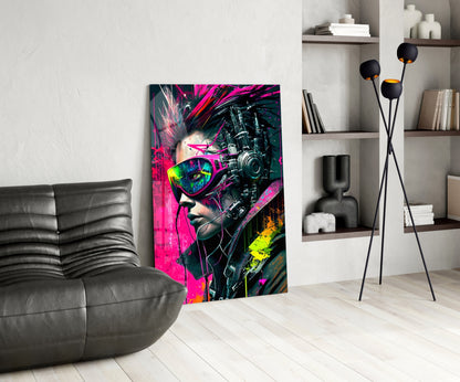 Cyber Woman in Neon Pink Visor Glass Wall Art