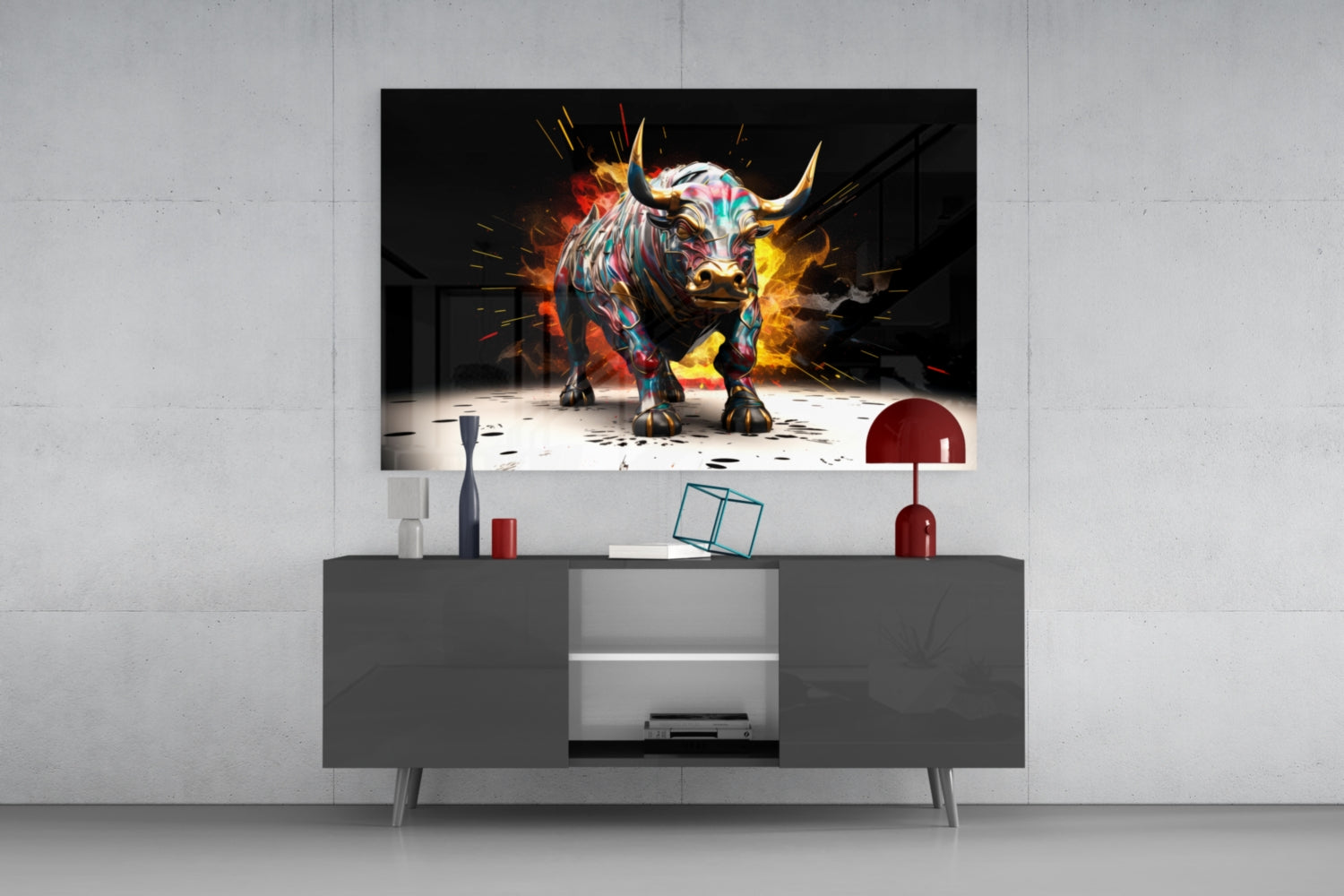 Charging Bull Paint Splash Glass Wall Art