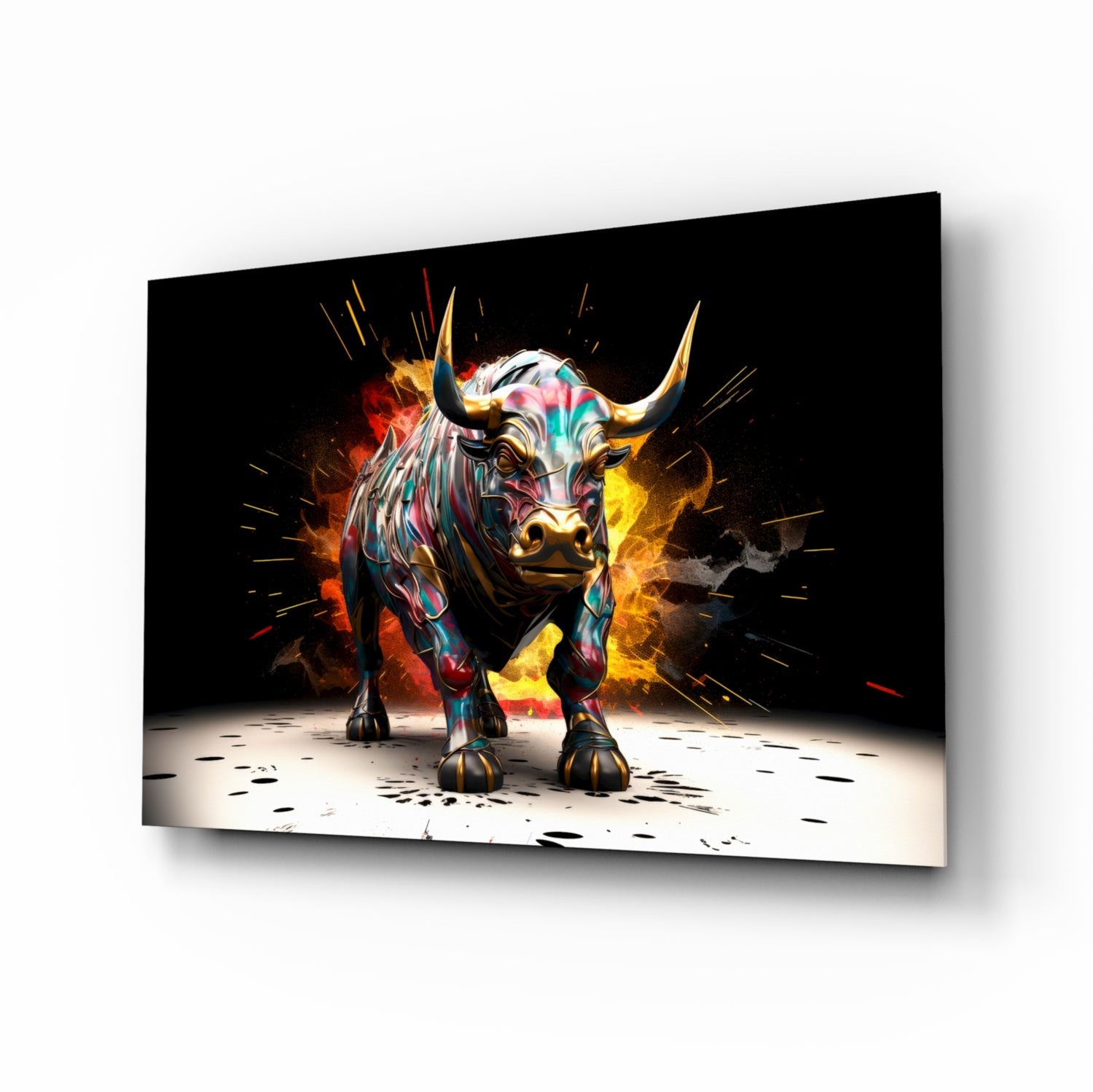 Charging Bull Paint Splash Glass Wall Art