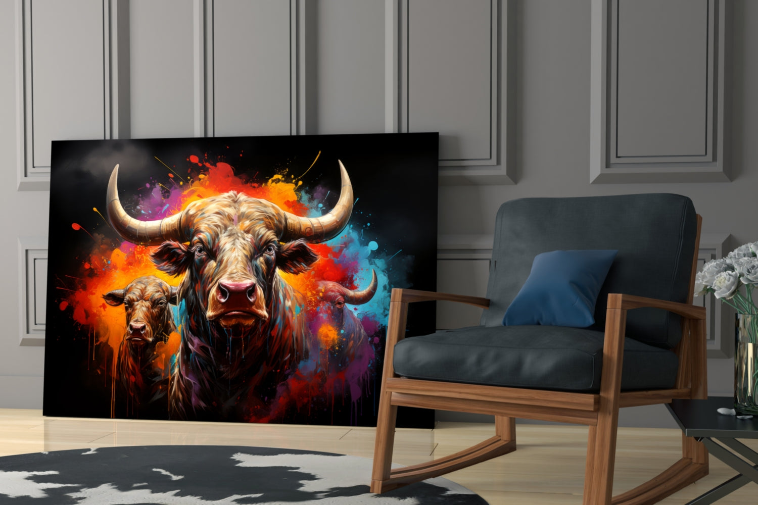 Colorful Horned Bull Splash Glass Wall Art