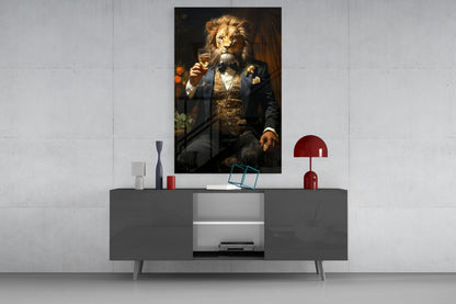 Tuxedo Lion with Wine by Window Glass Wall Art