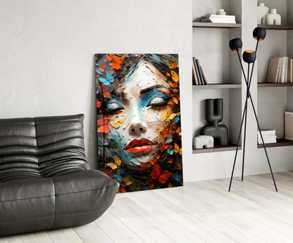 Red Lips Palette Knife Woman in Leaves Glass Wall Art