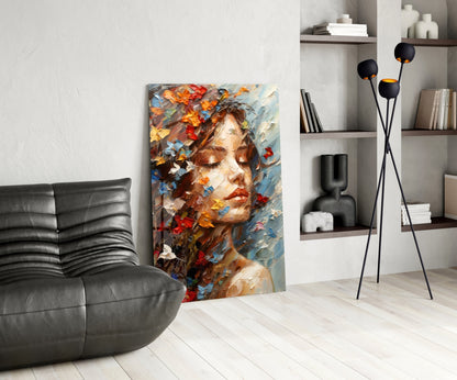 Butterflies in Hair Dreaming Woman Glass Wall Art