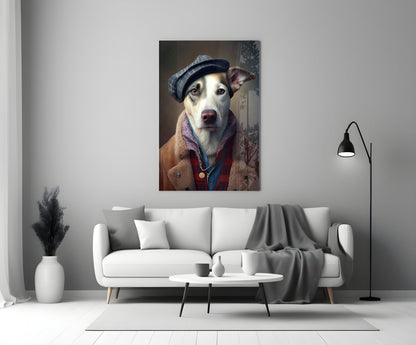 Dog in Flat Cap and Shearling Coat Glass Wall Art