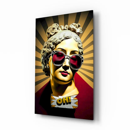 Golden Statue Head Sunburst Rays Glass Wall Art