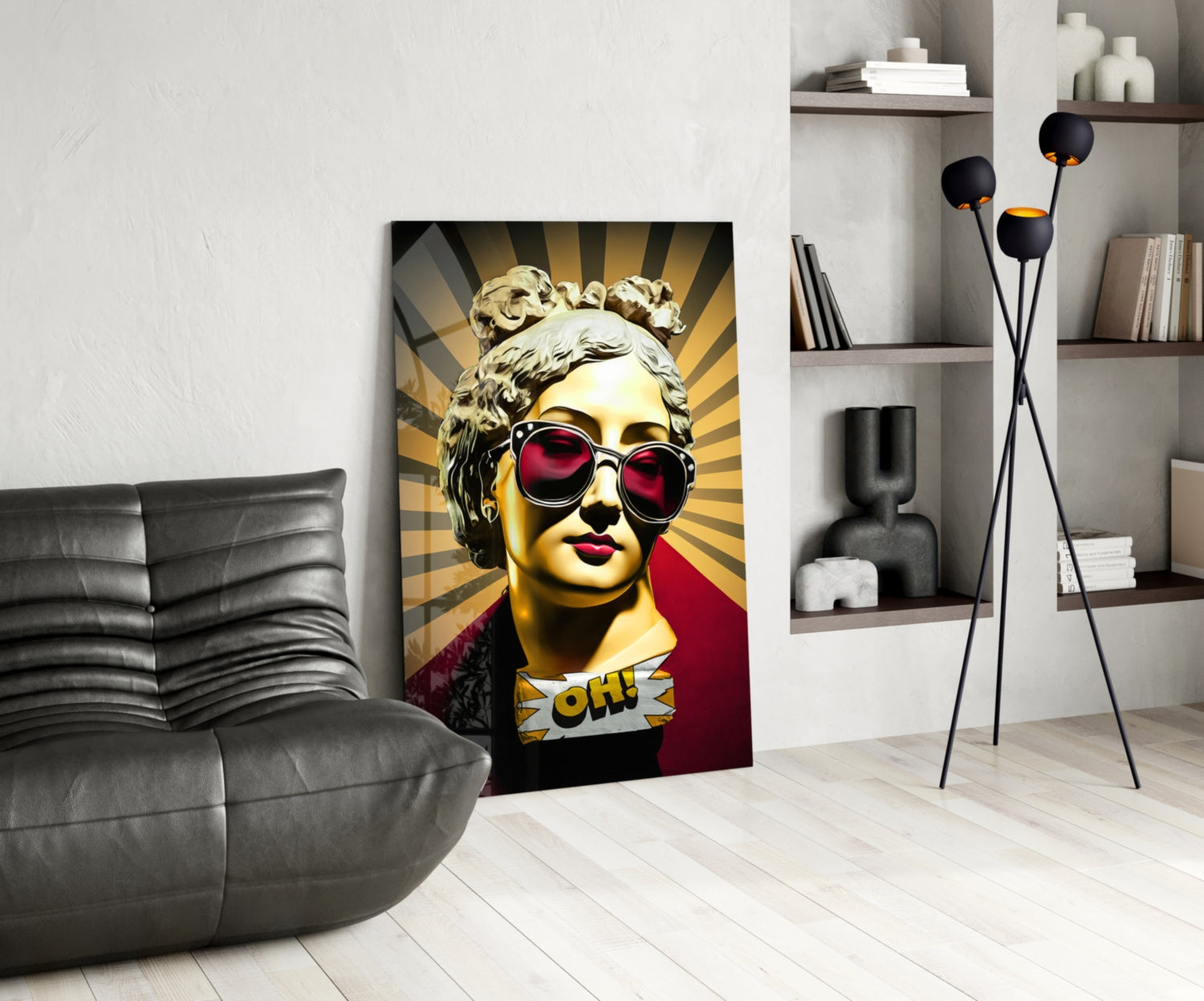 Golden Statue Head Sunburst Rays Glass Wall Art