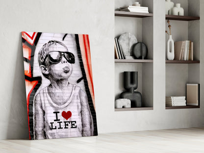 Red Graffiti Sunglasses Boy Glass Wall Art