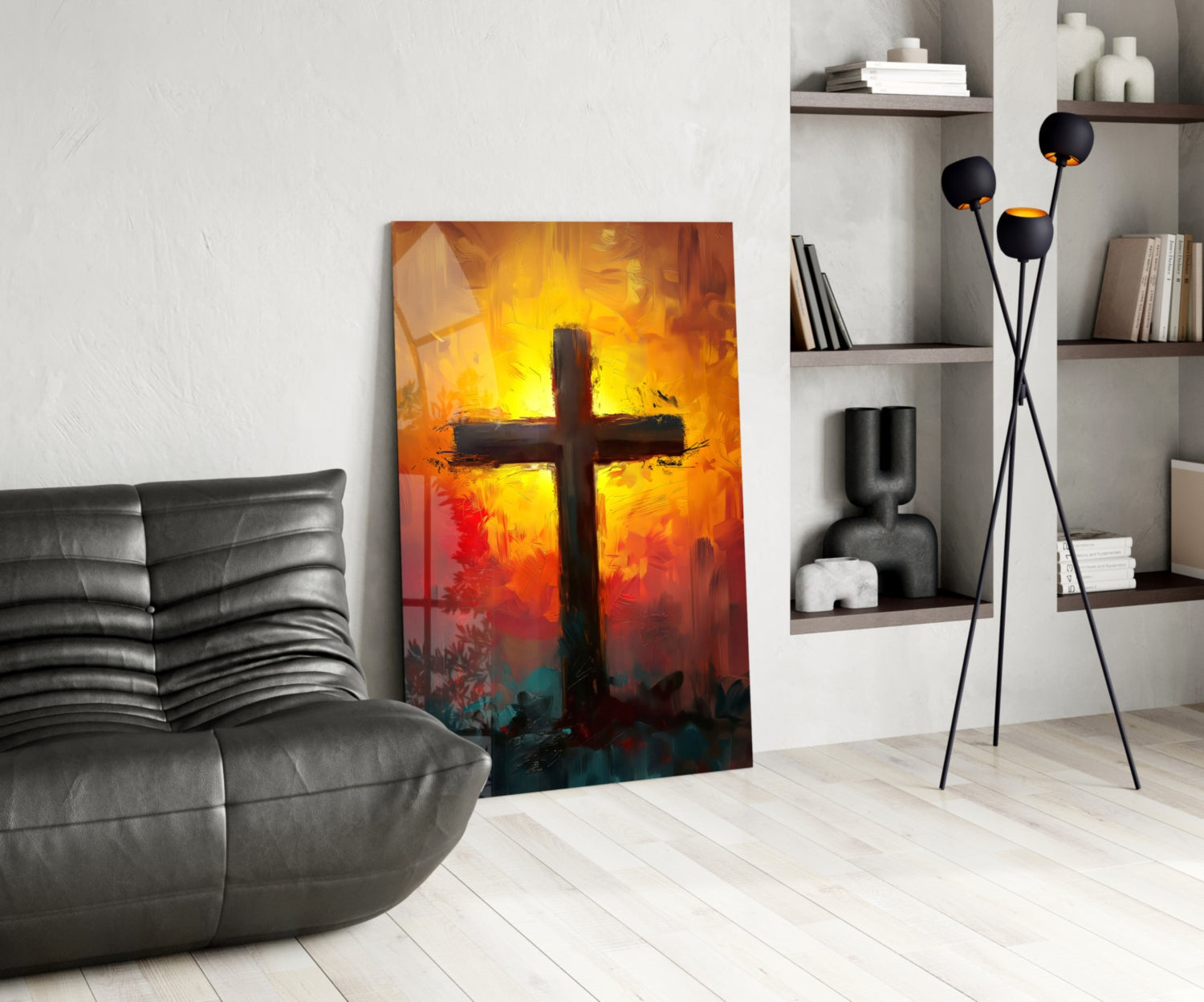 Fiery Orange And Teal Sunburst Cross Glass Wall Art