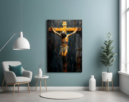 Golden Cross Crucifixion Dark Backdrop Glass Wall Art