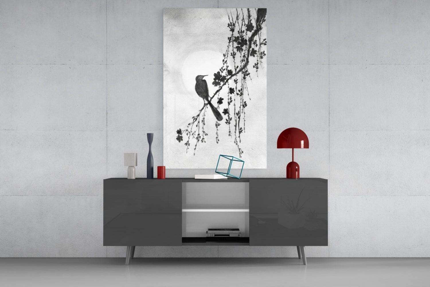 Black and White Bird on Blossom Branch Glass Wall Art