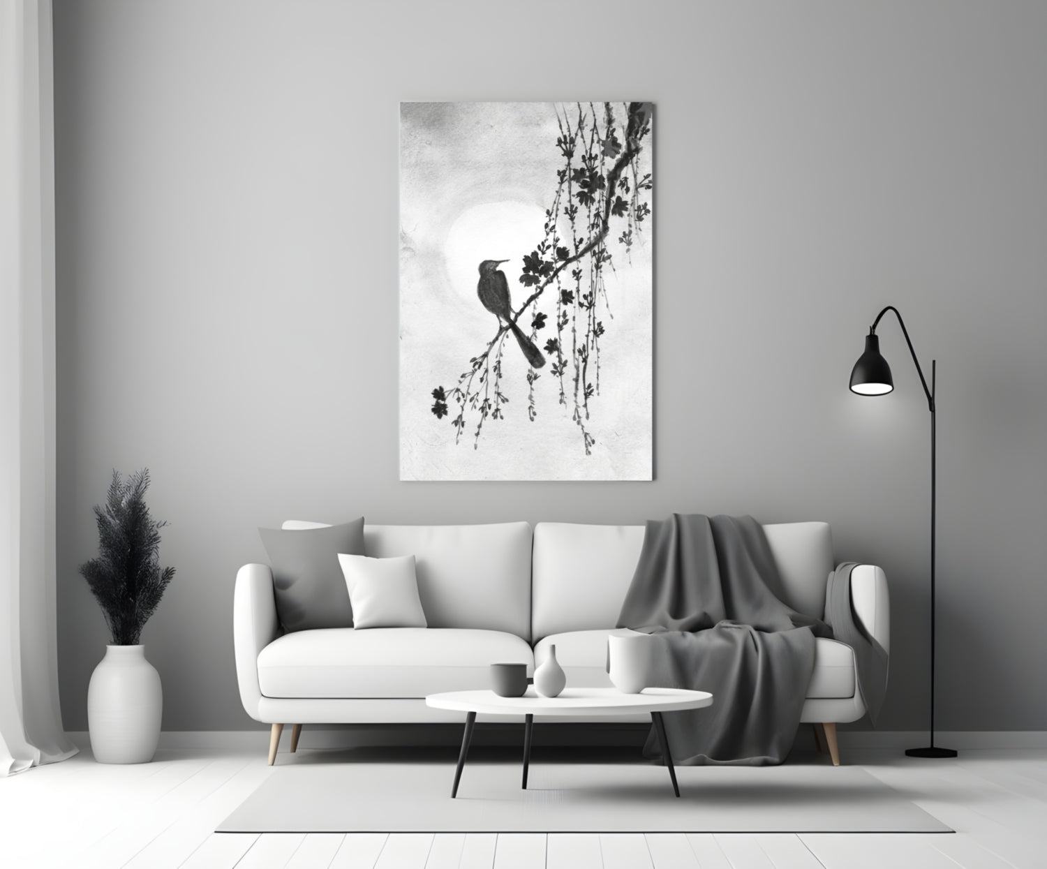 Black and White Bird on Blossom Branch Glass Wall Art
