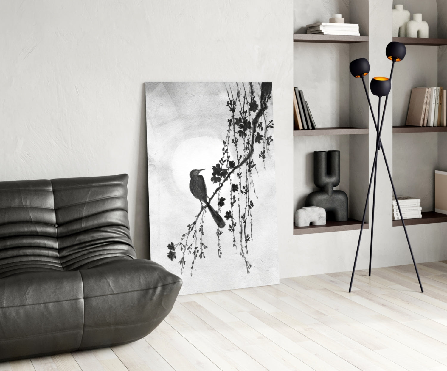 Black and White Bird on Blossom Branch Glass Wall Art