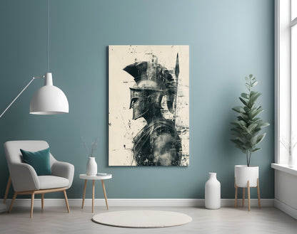 Monochrome Ink Spartan Helmet Glass Wall Art
