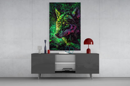 Neon Jungle Leaves Side Gaze Wolf Glass Wall Art