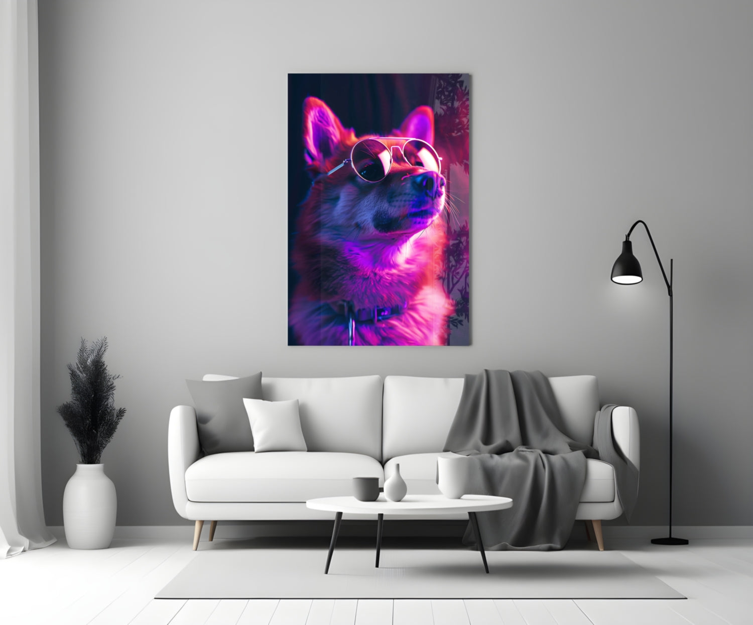 Pink Neon Shiba Aviator Dog with Glasses Glass Wall Art