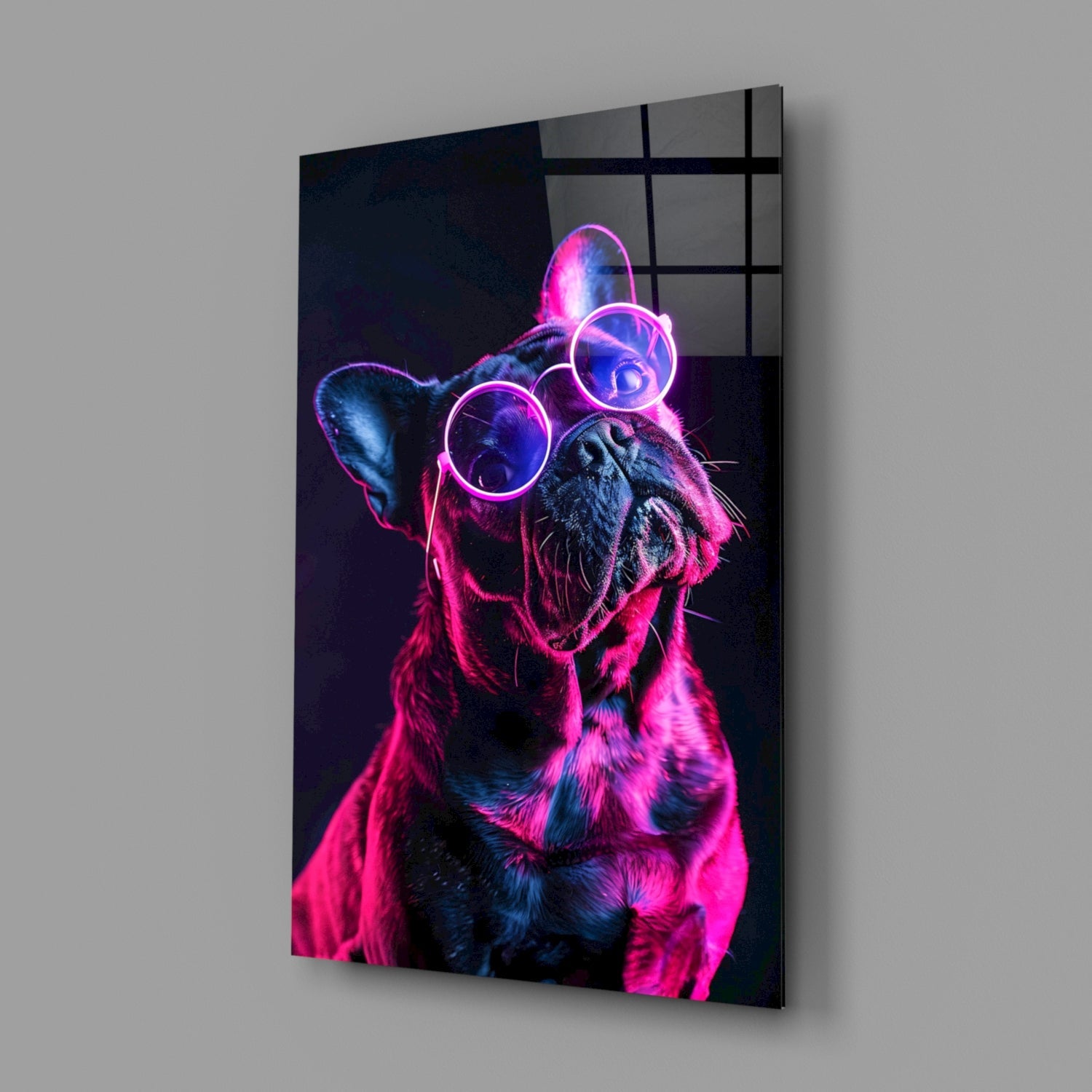 Purple Neon Frenchie Looking Up Dog with Glasses Glass Wall Art