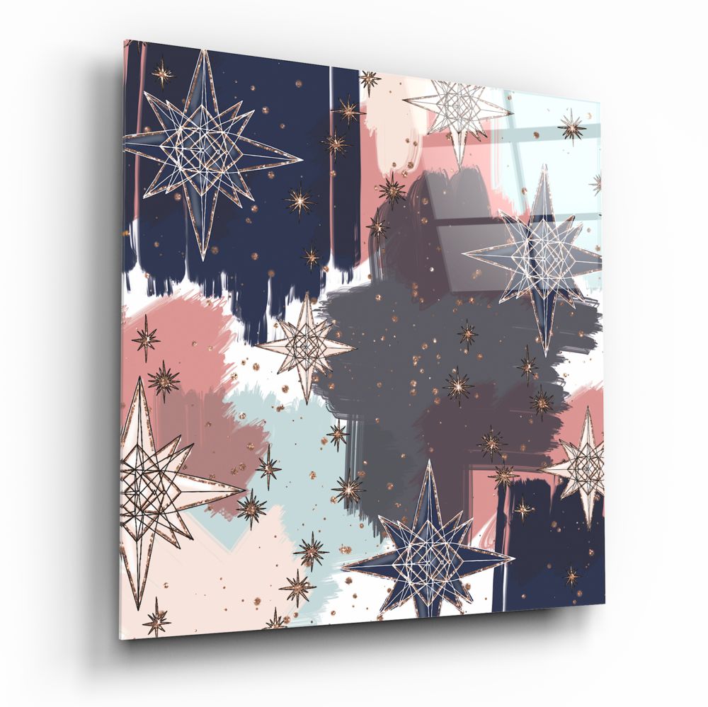Navy And Blush Eight Point Stars Glass Wall Art