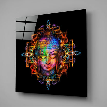 Rainbow Mandala Buddha Head Glass Wall Art