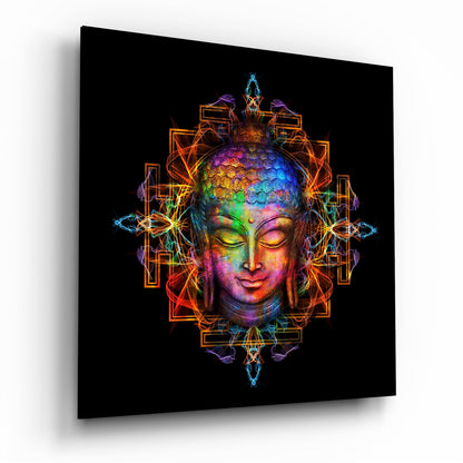 Rainbow Mandala Buddha Head Glass Wall Art