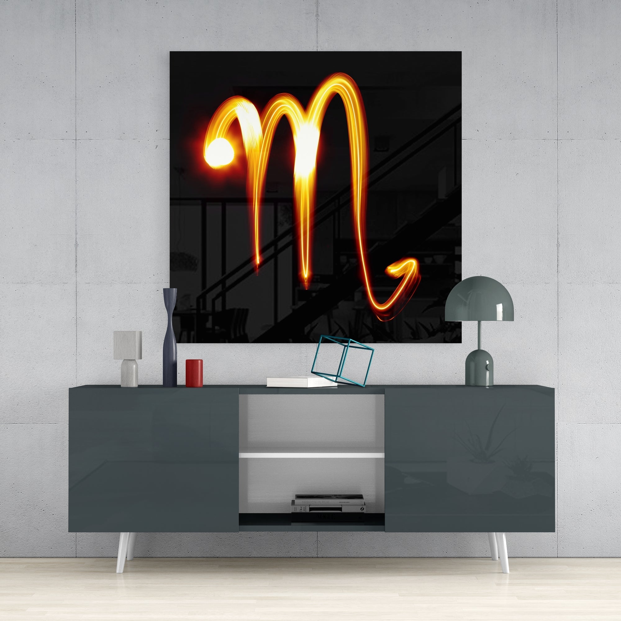 Burning Light Trail Scorpio Symbol Glass Wall Art