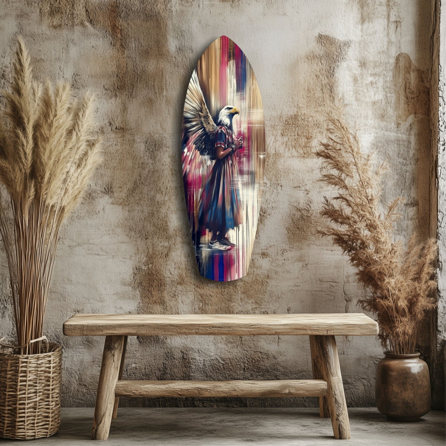 Surfboard Magenta Drip Paint American Eagle Glass Wall Art