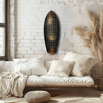 Yellow Line Grid Weathered Surfboard Glass Wall Art