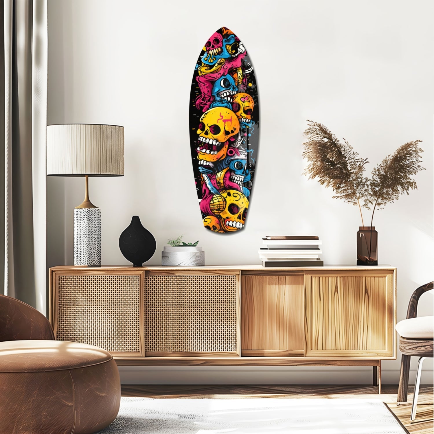 Stacked Yellow Cartoon Skulls Surfboard Glass Wall Art