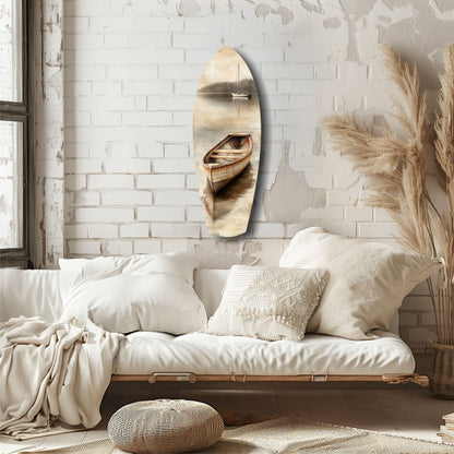 Beige Canoe and Distant Sailboat Glass Wall Art