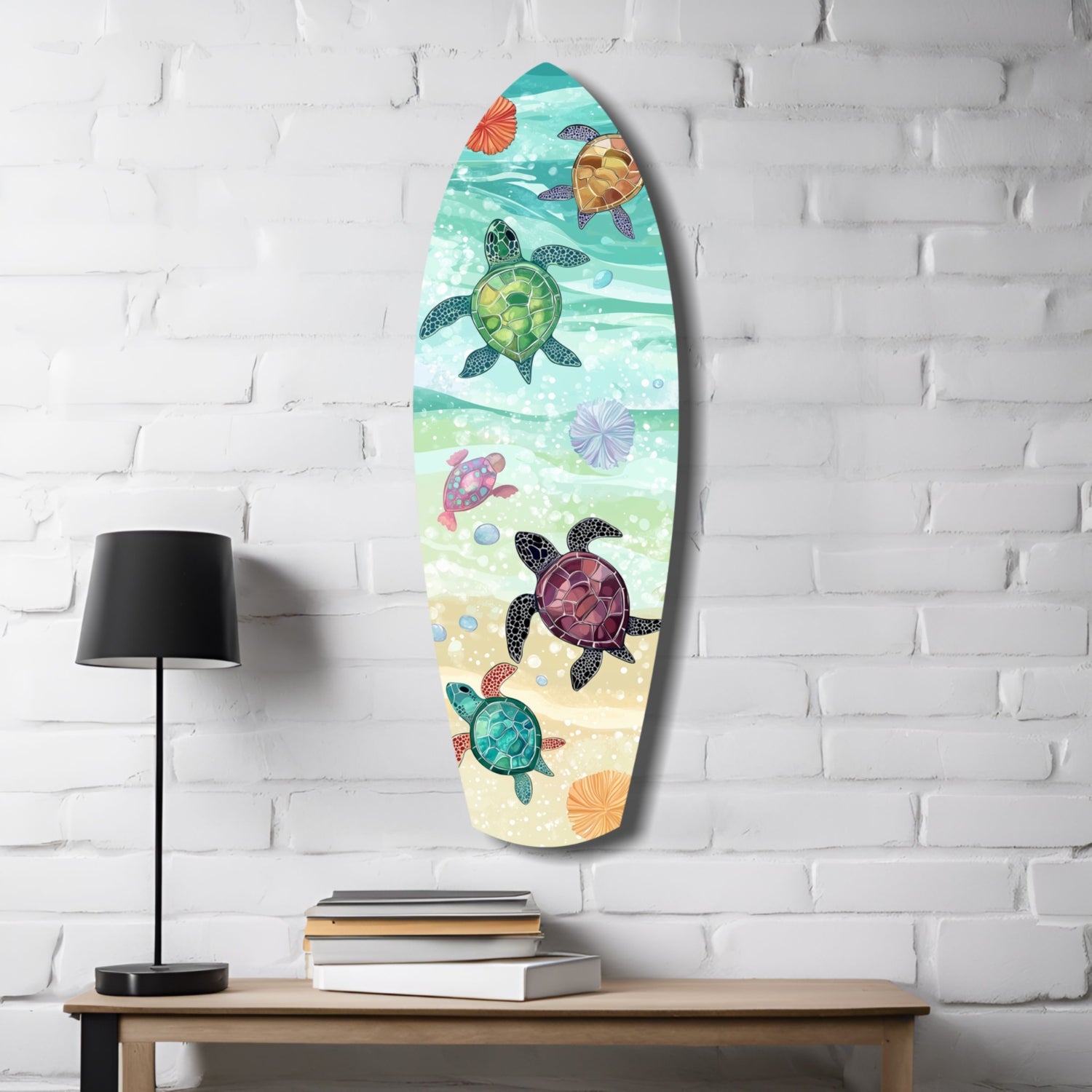 Surfboard Shaped Baby Turtles Glass Wall Art