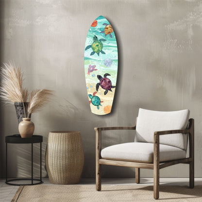 Surfboard Shaped Baby Turtles Glass Wall Art