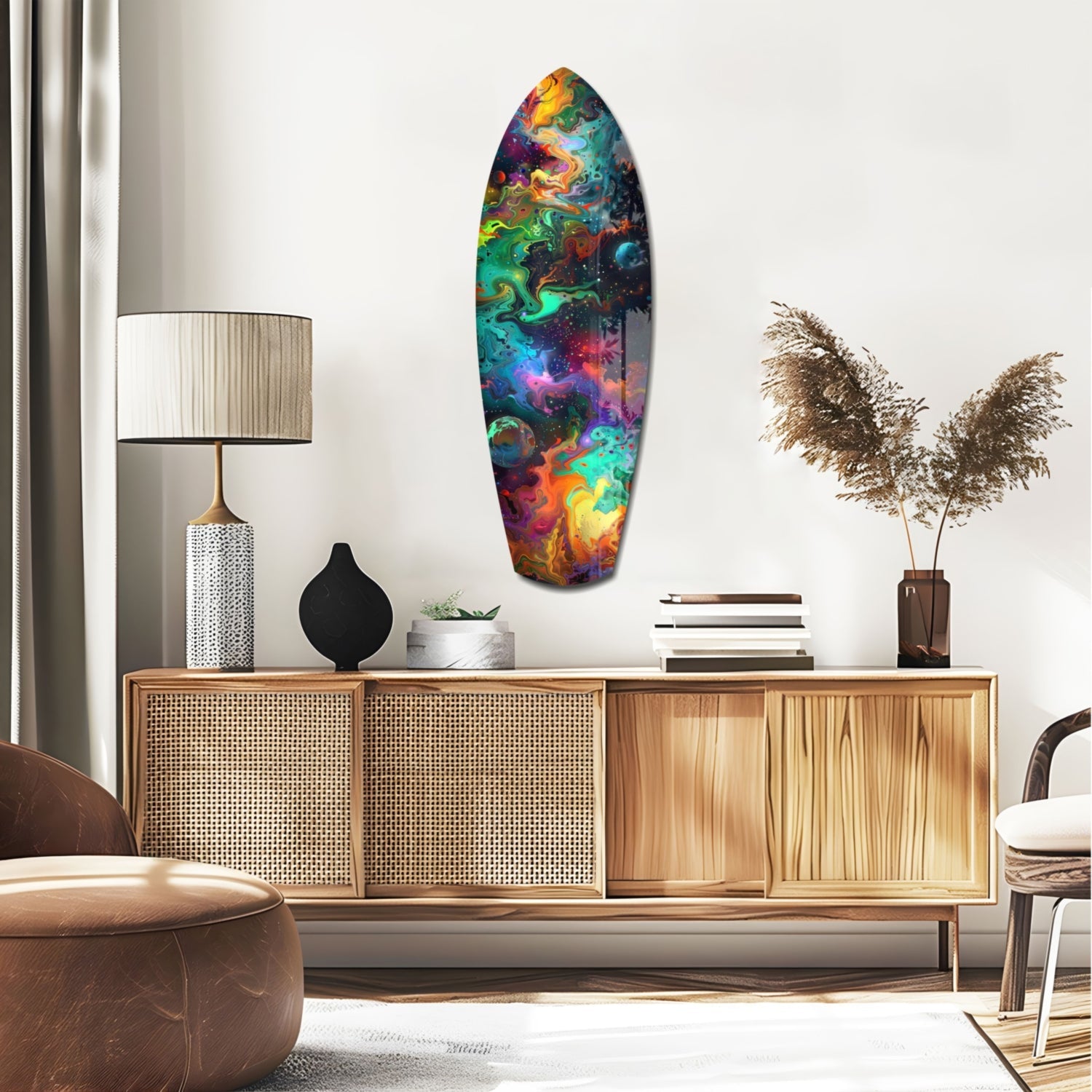 Rainbow Marbled Nebula Surfboard Glass Wall Art