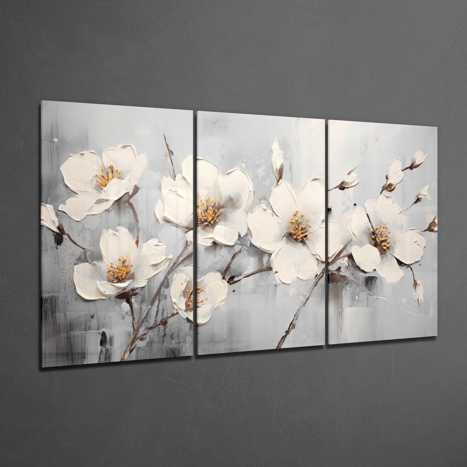 Three Panel Gray Impasto White Blossoms Glass Wall Art
