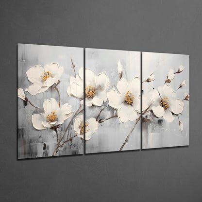 Three Panel Gray Impasto White Blossoms Glass Wall Art