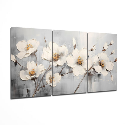 Three Panel Gray Impasto White Blossoms Glass Wall Art