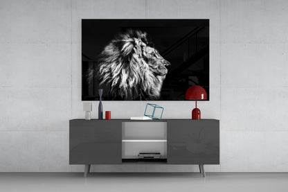 Monochrome Lion Facing Right Glass Wall Art