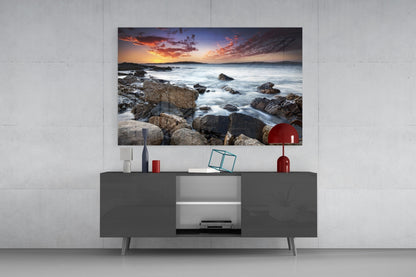 Rocky Shore Silky Waves Sea Landscape Glass Wall Art