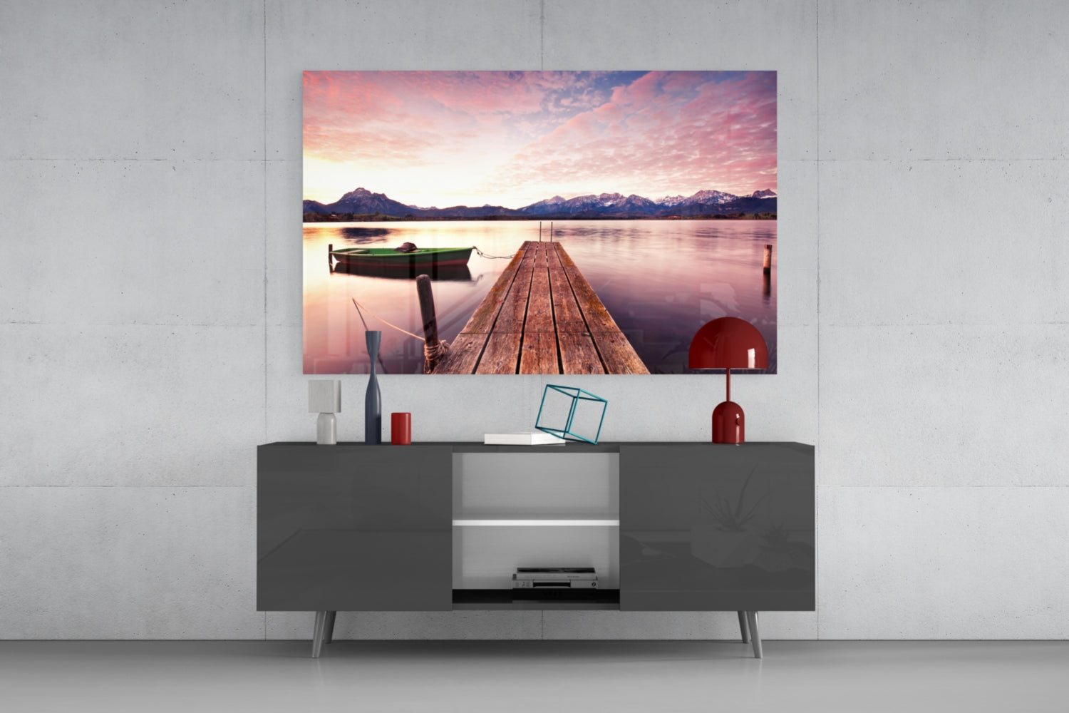 Pink Sky Lake Pier Boat Glass Wall Art