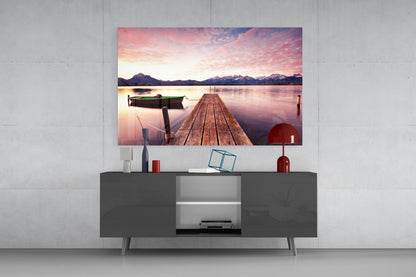Pink Sky Lake Pier Boat Glass Wall Art