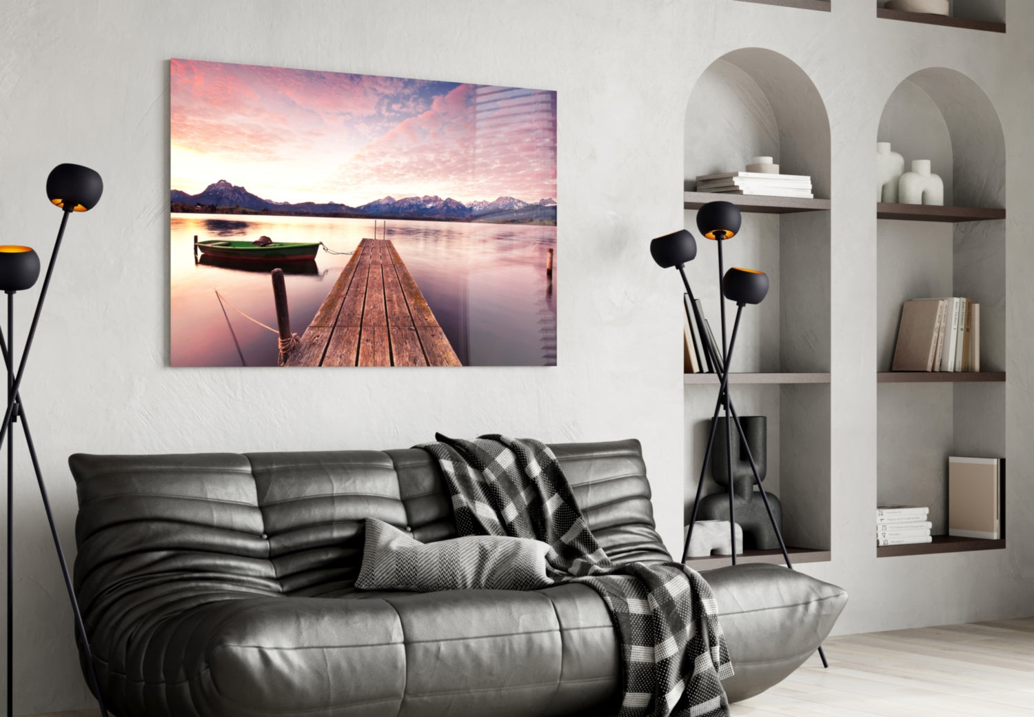 Pink Sky Lake Pier Boat Glass Wall Art