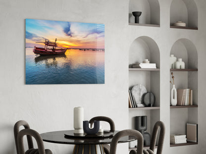 Fishing Boat Pastel Sunset Bay Glass Wall Art