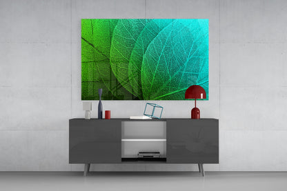 Green to Turquoise Leaf Vein Gradient Glass Wall Art