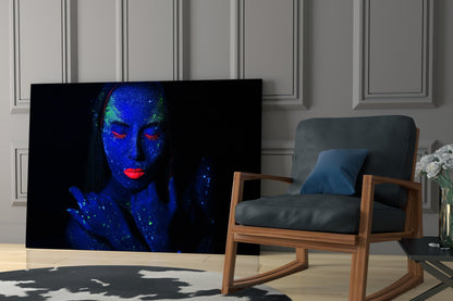 Blue UV Red Lips Woman Glass Wall Art