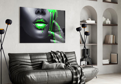 Green Paint Drip Lips Glass Wall Art