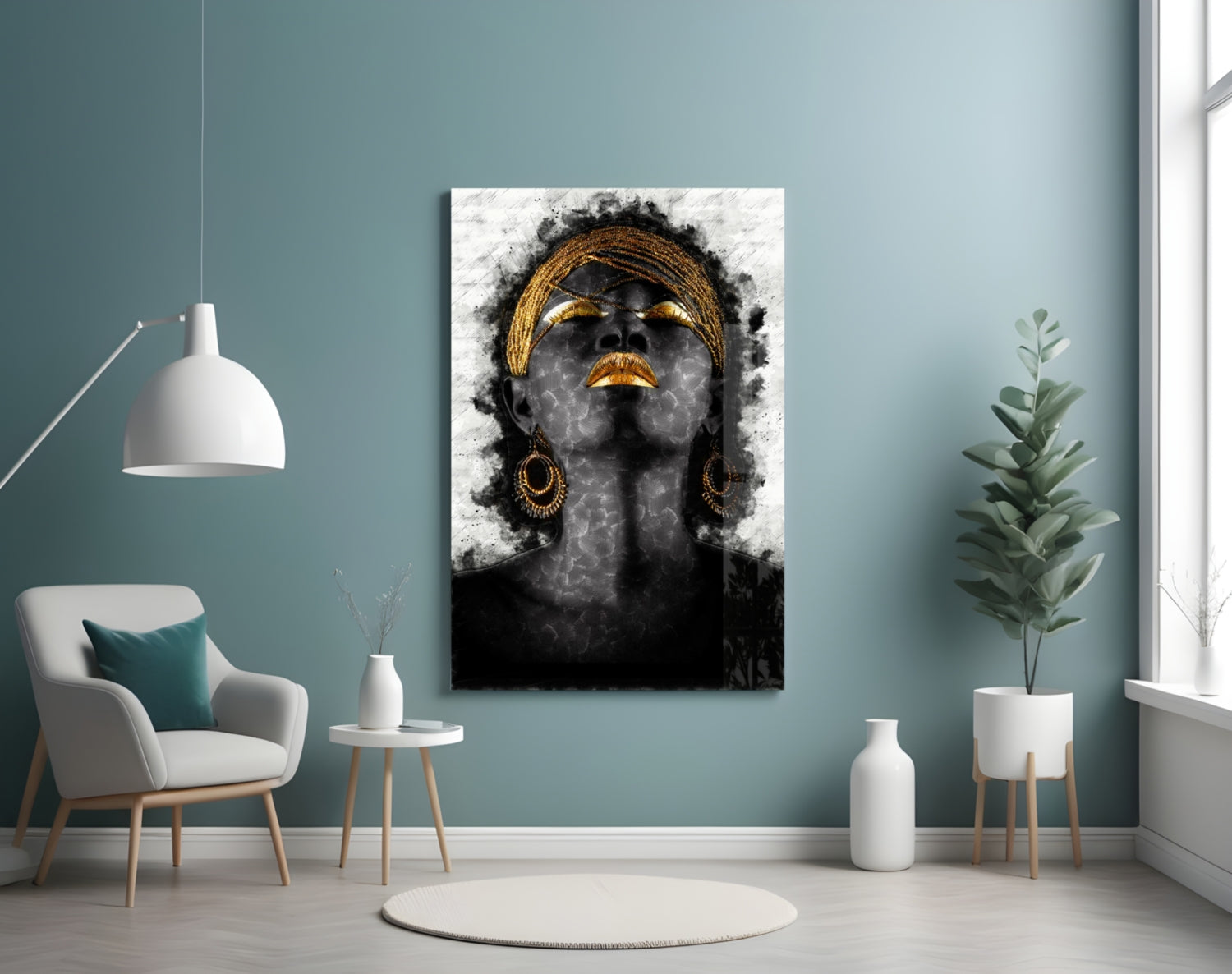 Gold Lips Woman Portrait White Glass Wall Art