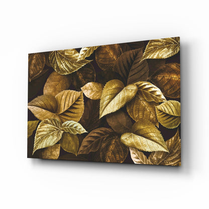 Metallic Gold Leaves On Dark Yellow Leaf Glass Wall Art