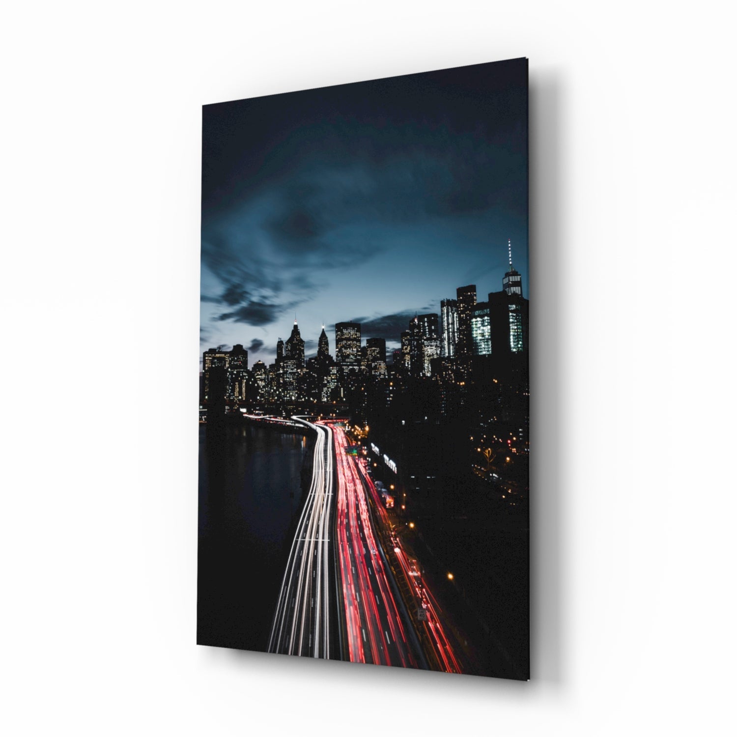 Red Light Trails Night Skyline Glass Wall Art